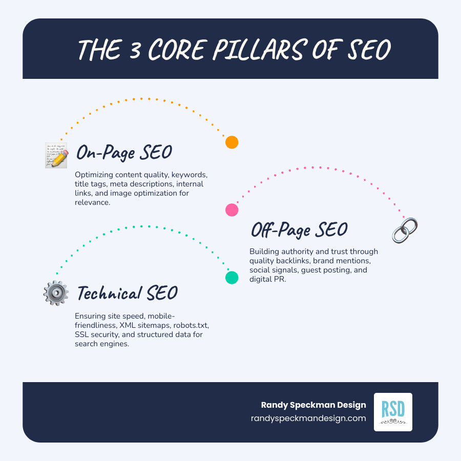 Infographic showing three pillars of SEO: On-Page SEO (content quality, keywords, title tags, meta descriptions, internal links, image optimization), Off-Page SEO (backlinks, brand mentions, social signals, guest posting, digital PR), and Technical SEO (site speed, mobile-friendliness, XML sitemaps, robots.txt, SSL security, structured data) - SEO optimization for websites infographic infographic-line-3-steps-blues-accent_colors
