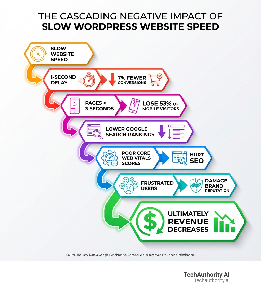 Infographic showing the cascading negative impact of slow website speed: 1-second delay leads to 7% fewer conversions, pages over 3 seconds lose 53% of mobile visitors, slow sites rank lower in Google search results, poor Core Web Vitals scores hurt SEO, frustrated users damage brand reputation, and ultimately revenue decreases - WordPress website speed optimization infographic 