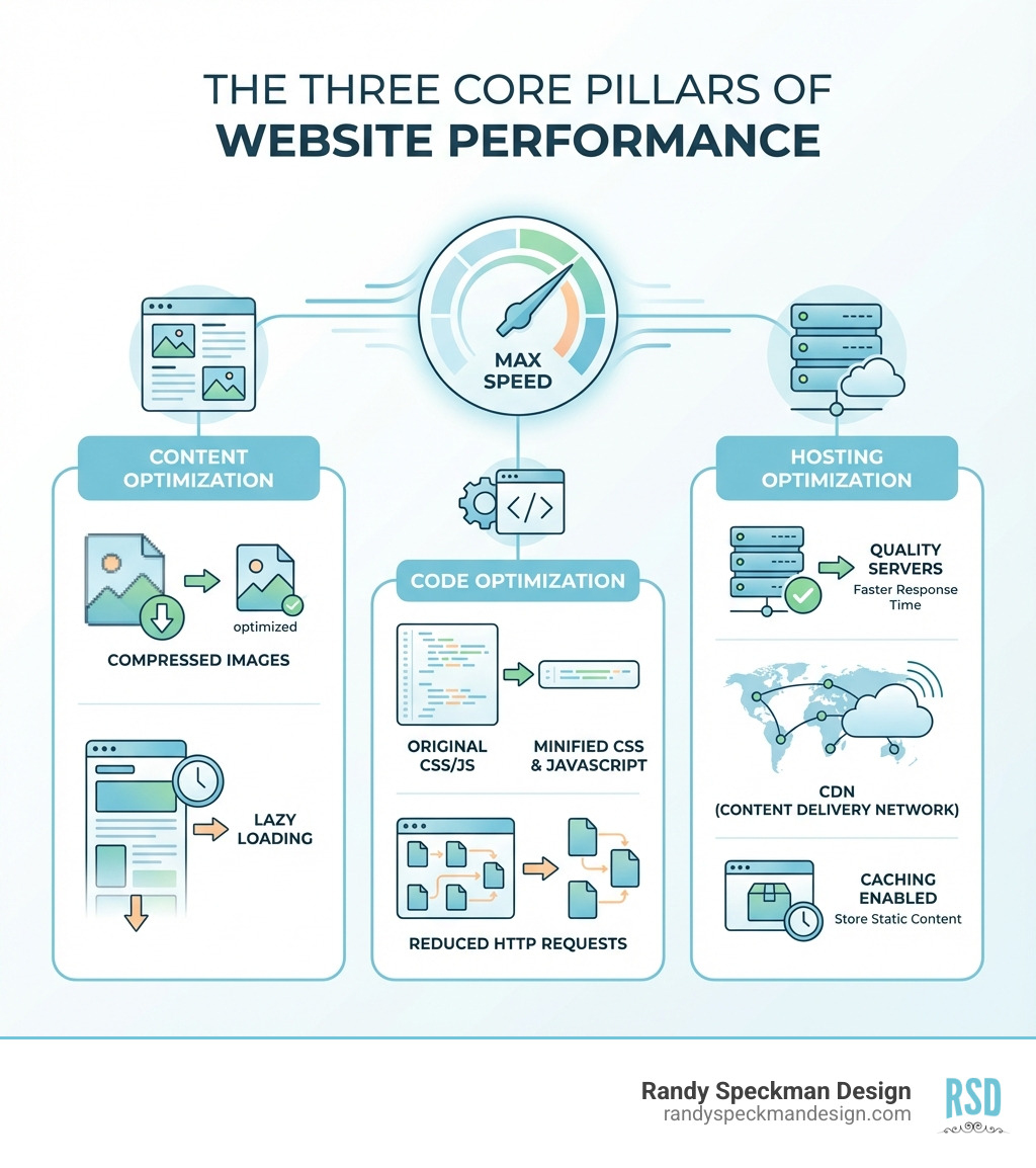 Infographic showing the three core pillars of website performance: Content optimization including compressed images and lazy loading, Code optimization including minified CSS and JavaScript with reduced HTTP requests, and Hosting optimization including quality servers with CDN and caching enabled - boost website performance infographic 