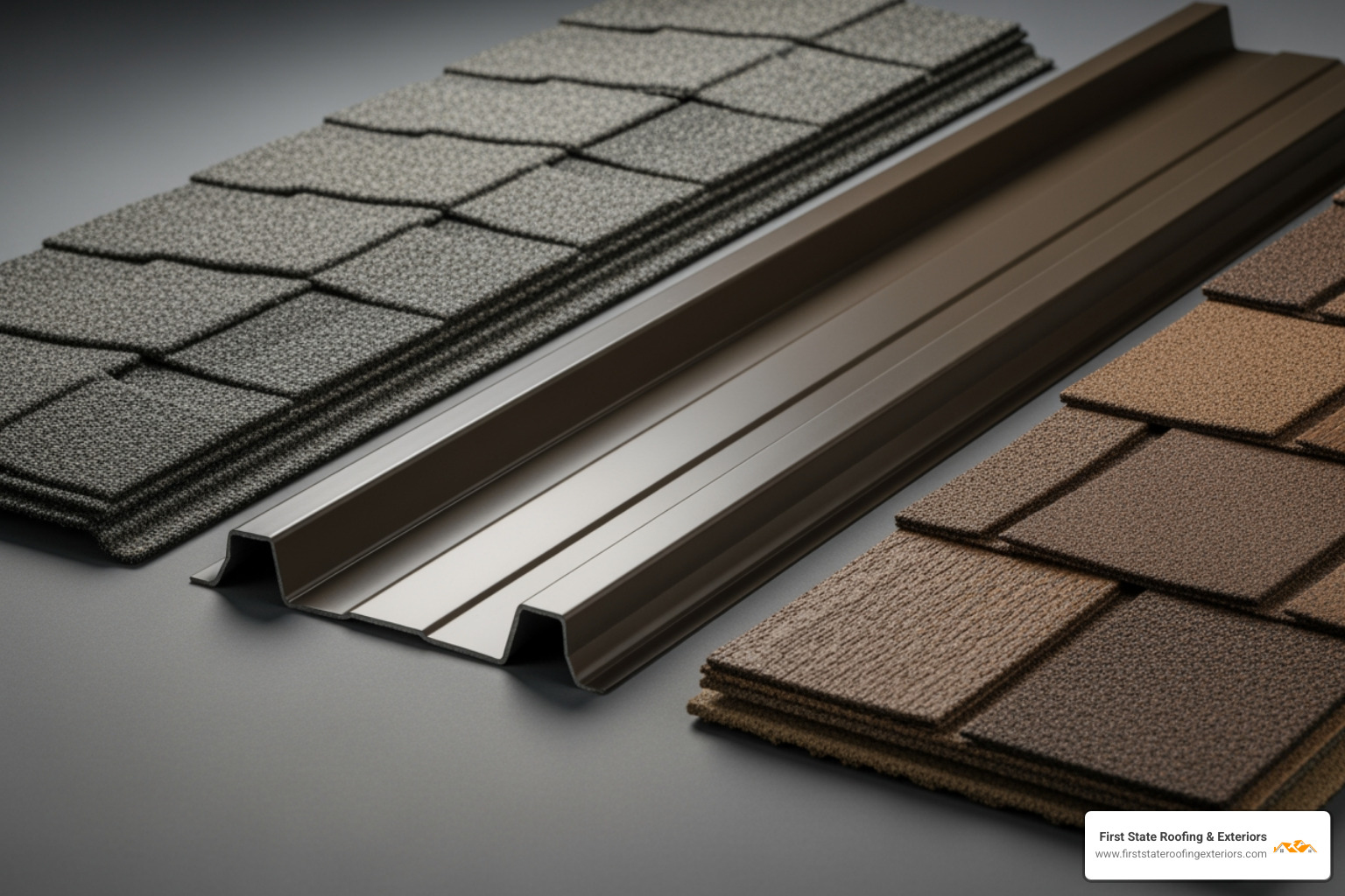A table comparing the fire, wind, and impact ratings of Asphalt, Metal, and Composite shingles - new residential roofing