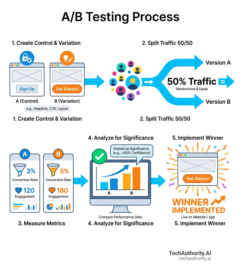 Infographic showing the A/B testing process: Step 1 - Create Control (Version A) and Variation (Version B) -> Step 2 - Split traffic randomly 50/50 between versions -> Step 3 - Measure key metrics like conversion rate and engagement -> Step 4 - Analyze results for statistical significance -> Step 5 - Implement the winning version - A/B Testing infographic 