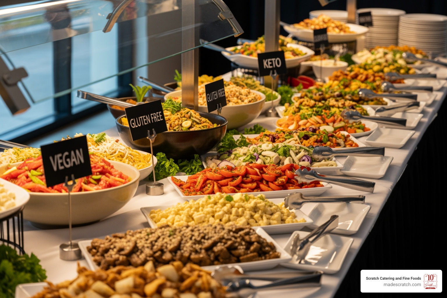 diverse buffet line with dishes for various dietary needs - scratch made catering grapevine tx