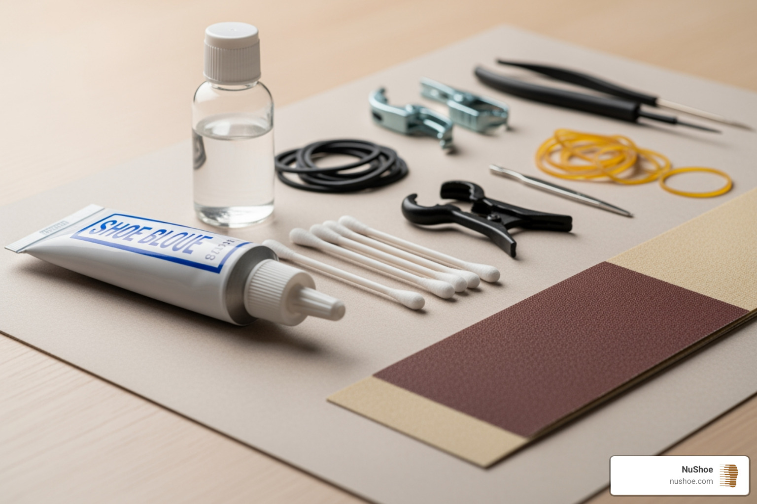 clean workspace with tools: glue, rubbing alcohol, cotton swabs, clamps or rubber bands, and fine-grit sandpaper - trainer repair glue