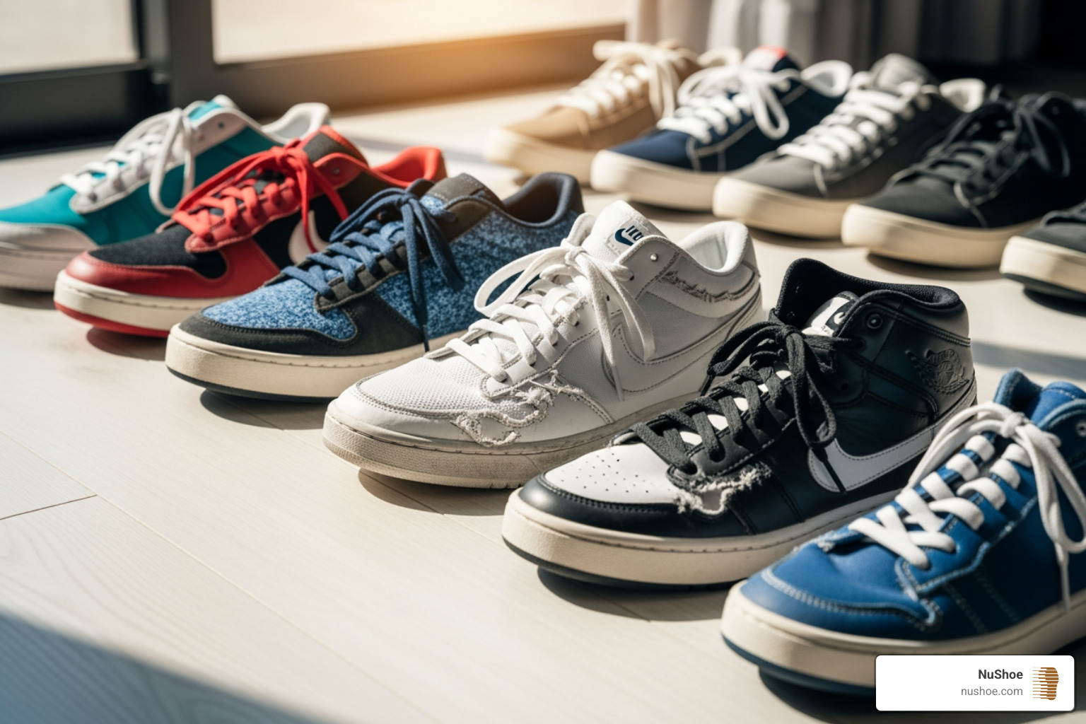 collection of different repaired sneakers like runners, high-tops, and lifestyle shoes - athletic shoe repair near me