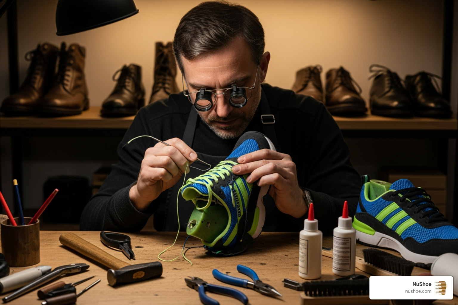 cobbler working on a sneaker - athletic shoe repair near me