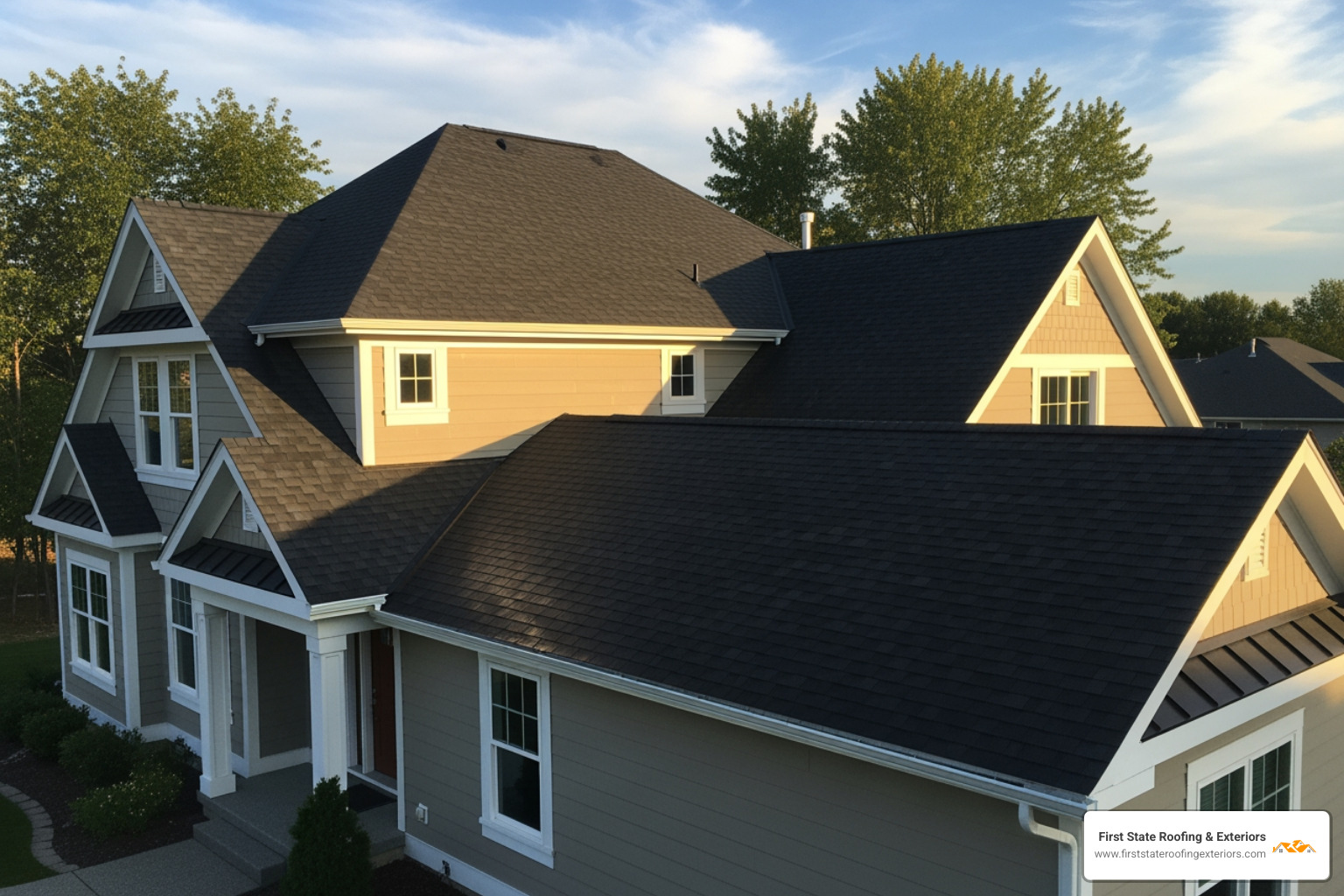 A building permit document posted on a job site with a roofer wearing a safety harness in the background - new residential roofing