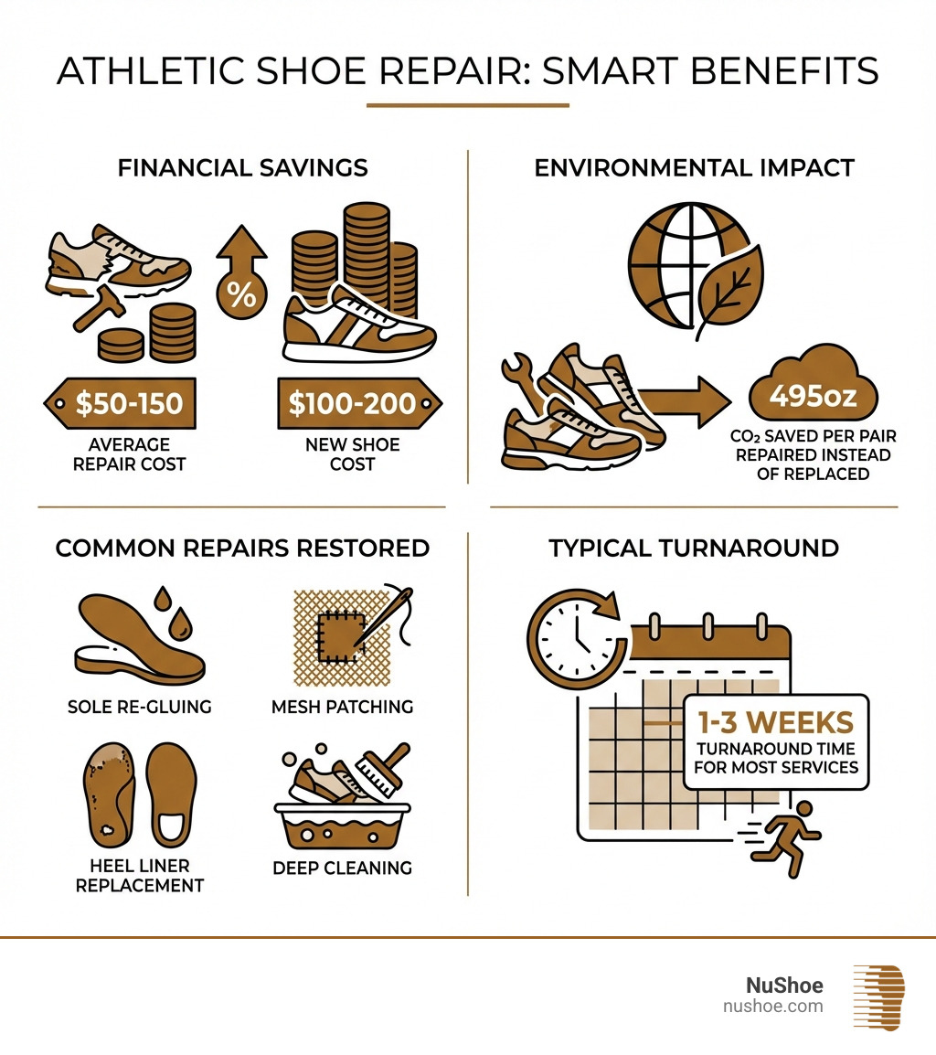 Infographic showing athletic shoe repair benefits: $50-150 average repair cost vs $100-200 new shoe cost, 495oz CO2 saved per pair repaired instead of replaced, common repairs include sole re-gluing, mesh patching, heel liner replacement, and deep cleaning, with typical 1-3 week turnaround time for most services - athletic shoe repair near me infographic 