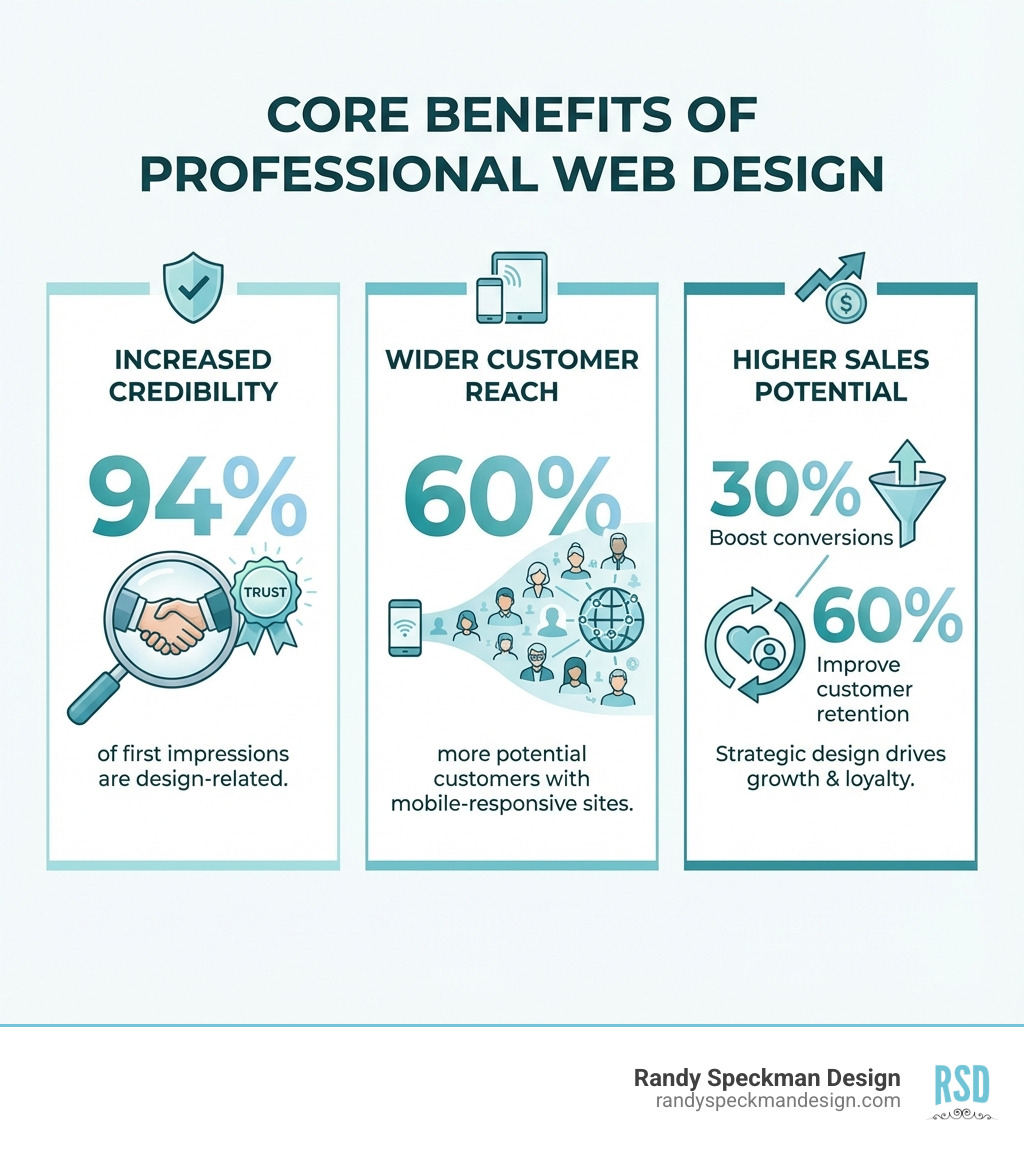 Infographic showing three core benefits of professional web design: Increased Credibility (94% of first impressions are design-related), Wider Customer Reach (mobile-responsive sites reach 60% more potential customers), and Higher Sales Potential (strategic design can boost conversions by 30% and improve customer retention by 60%) - affordable web design for your small business infographic Infographic showing three core benefits of professional web design: Increased Credibility (94% of first impressions are design-related), Wider Customer Reach (mobile-responsive sites reach 60% more potential customers), and Higher Sales Potential (strategic design can boost conversions by 30% and improve customer retention by 60%) - affordable web design for your small business infographic