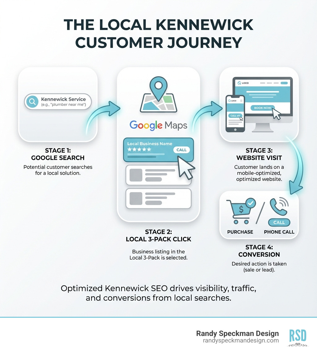 infographic showing the customer journey from a Google search for a local Kennewick service to clicking on a business listing in the Local 3-Pack, visiting the website, and making a purchase or phone call - kennewick seo company infographic 