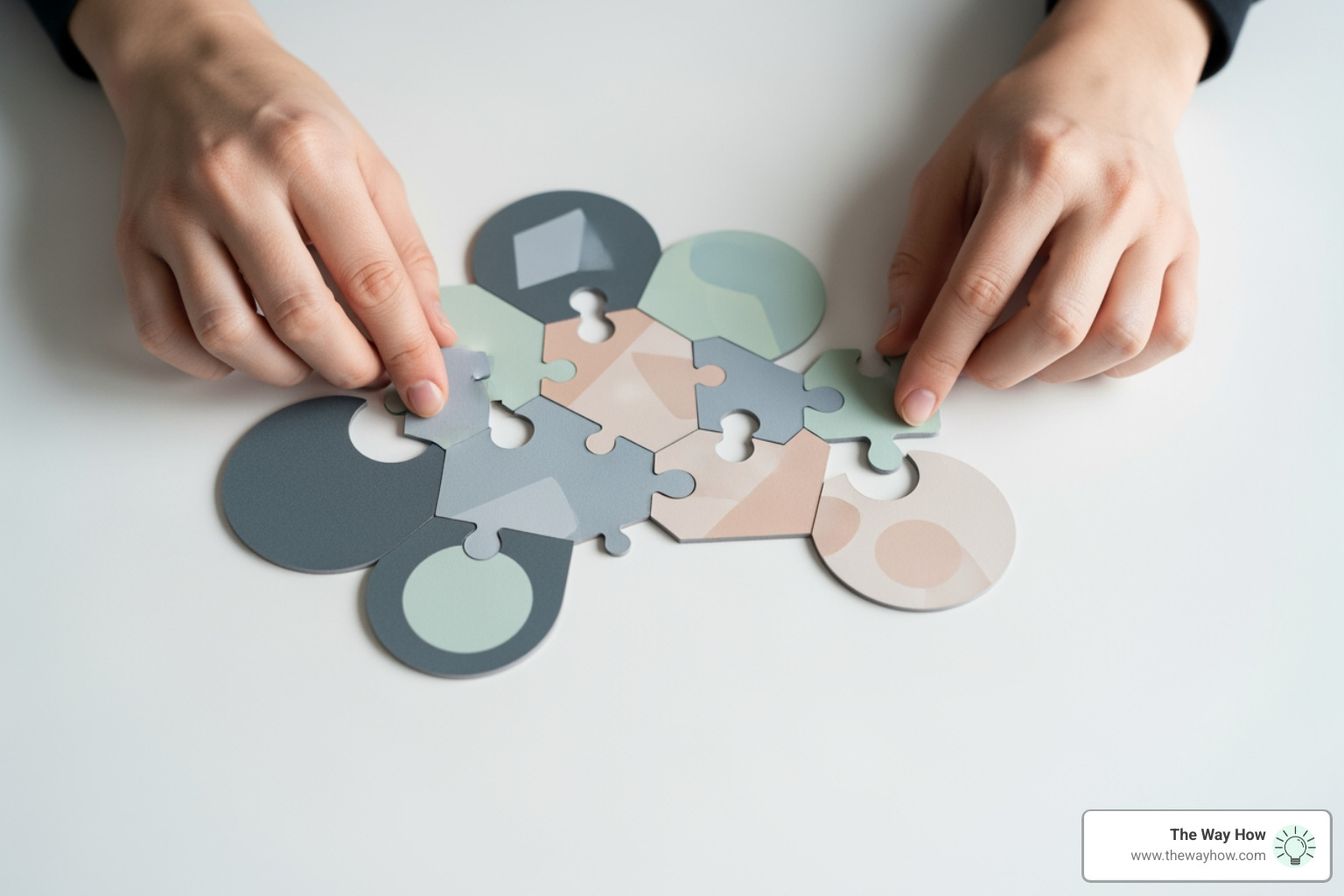 A person's hands connecting puzzle pieces, each labeled with a different marketing channel or concept like "SEO," "Content," "Data," "Customer Journey," "Psychology," and "Business Goals." - web marketing strategist A person's hands connecting puzzle pieces, each labeled with a different marketing channel or concept like "SEO," "Content," "Data," "Customer Journey," "Psychology," and "Business Goals." - web marketing strategist