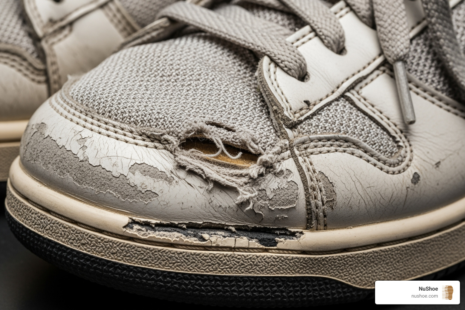 Image of various types of sneaker damage like sole separation, a torn mesh panel, and scuffed leather - sneaker repair shops