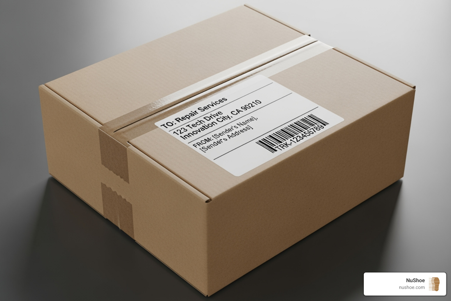 Image of a neatly packed mail-in repair box with a shipping label - sneaker repair shops