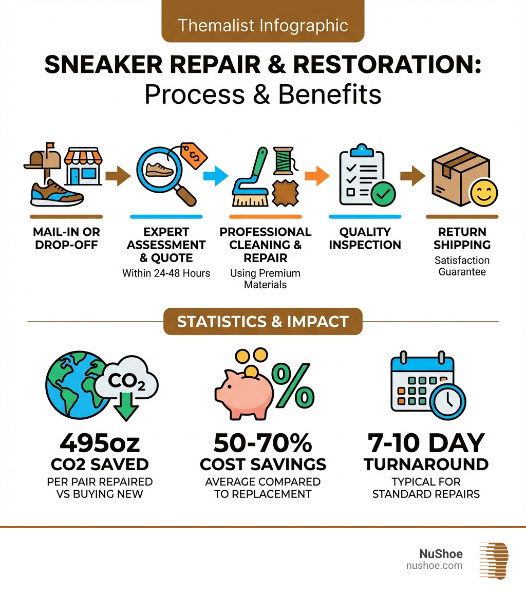 Infographic showing sneaker repair process: Mail-in or drop-off sneakers, expert assessment and quote within 24-48 hours, professional cleaning and repair using premium materials, quality inspection, and return shipping with satisfaction guarantee. Statistics show 495oz CO2 saved per pair repaired vs buying new, average cost savings of 50-70% compared to replacement, and typical 7-10 day turnaround for standard repairs. - sneaker repair shops infographic 