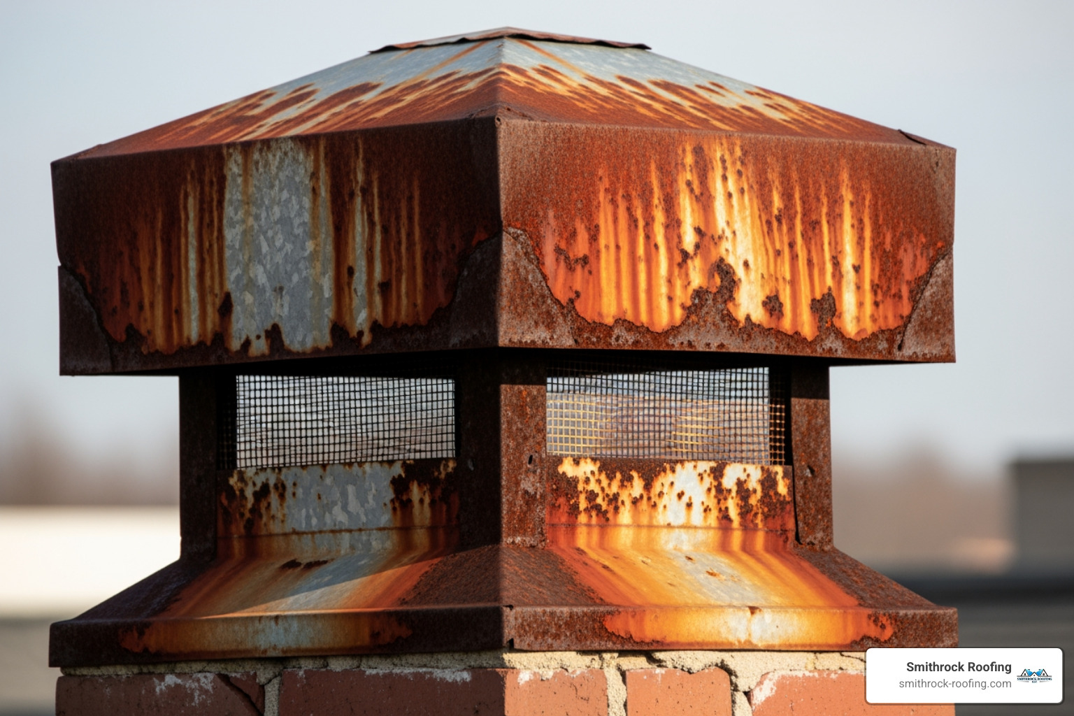 a rusted and dented chimney cap - chimney cap repair Winston-Salem