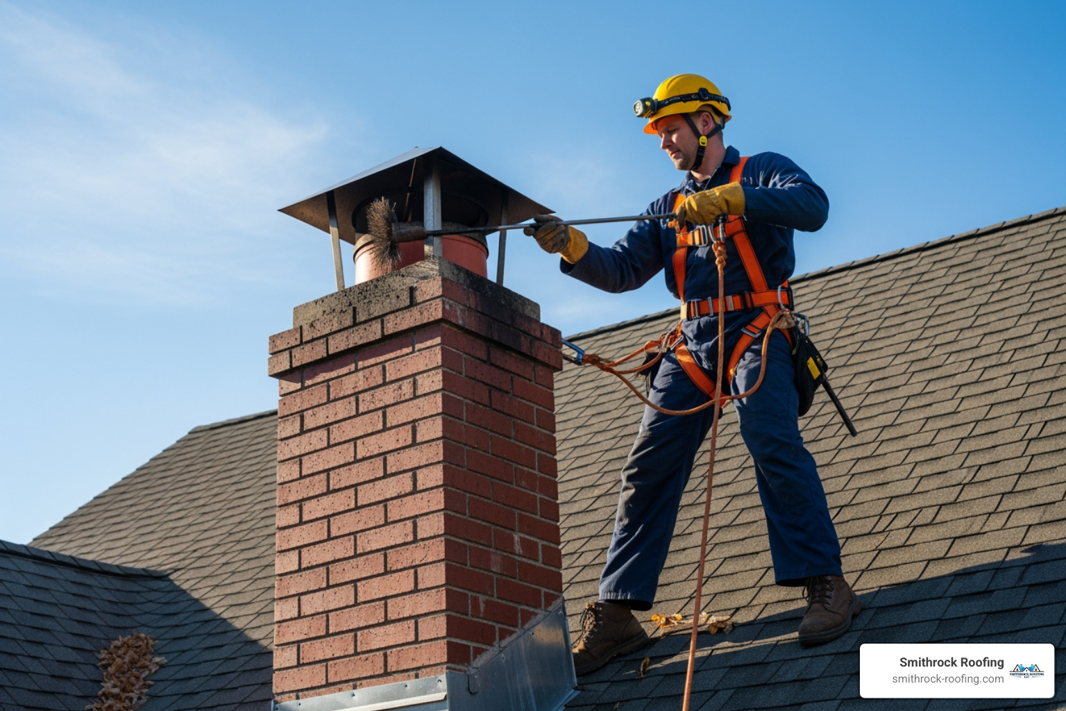 a professional chimney technician using safety harnesses on a steep roof - chimney cap repair Winston-Salem