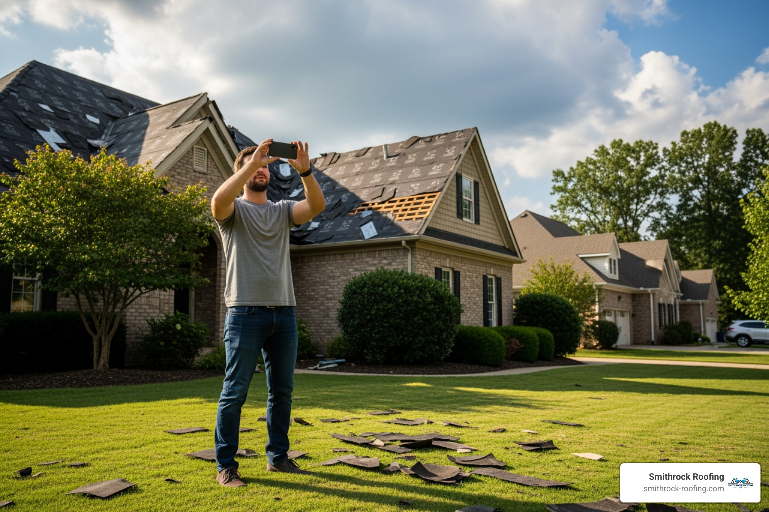 a homeowner on the ground taking a picture of their damaged roof with a smartphone - roof replacement insurance claim