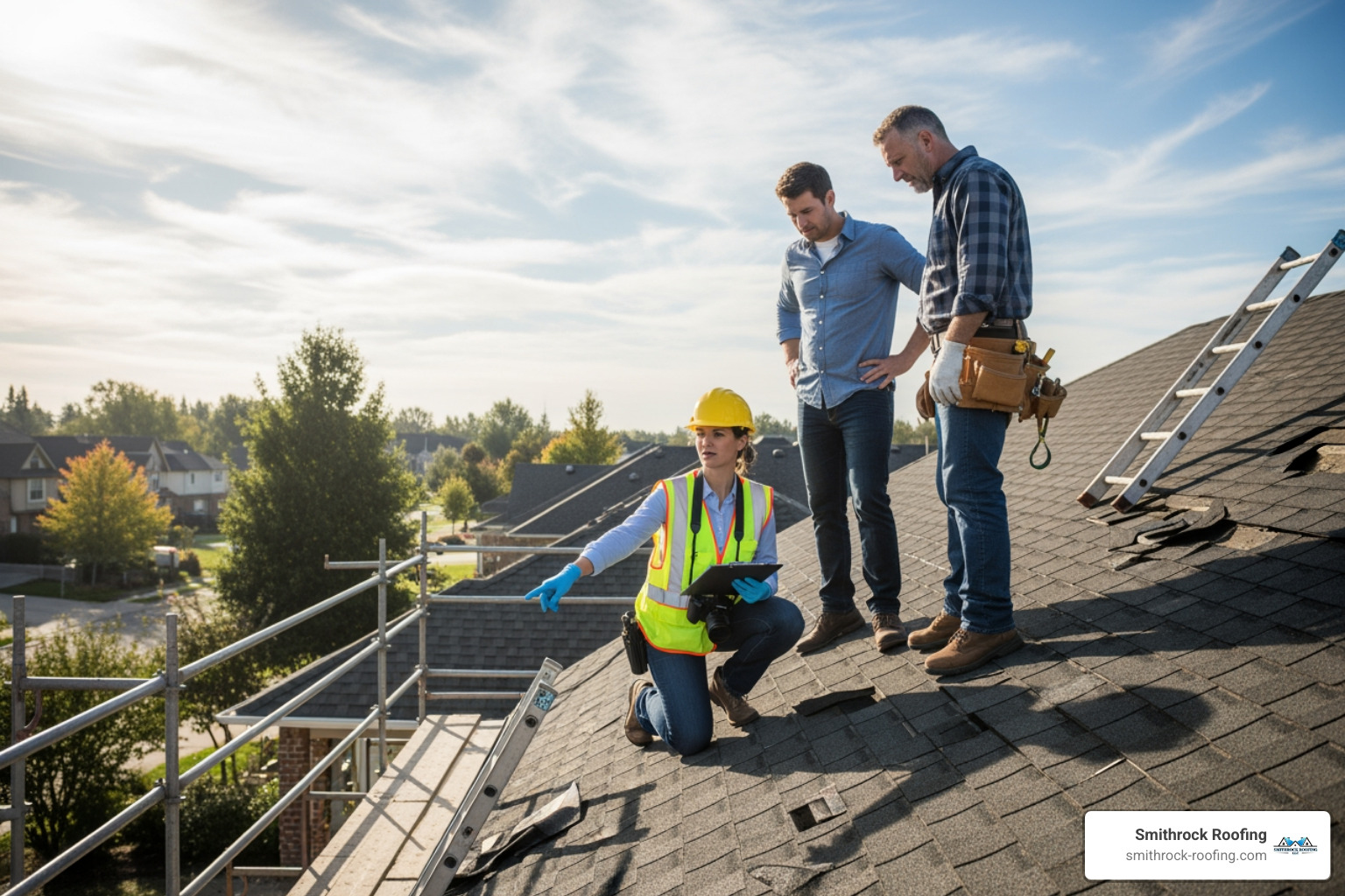 an insurance adjuster inspecting a roof with a homeowner and a roofing contractor present - roof replacement insurance claim