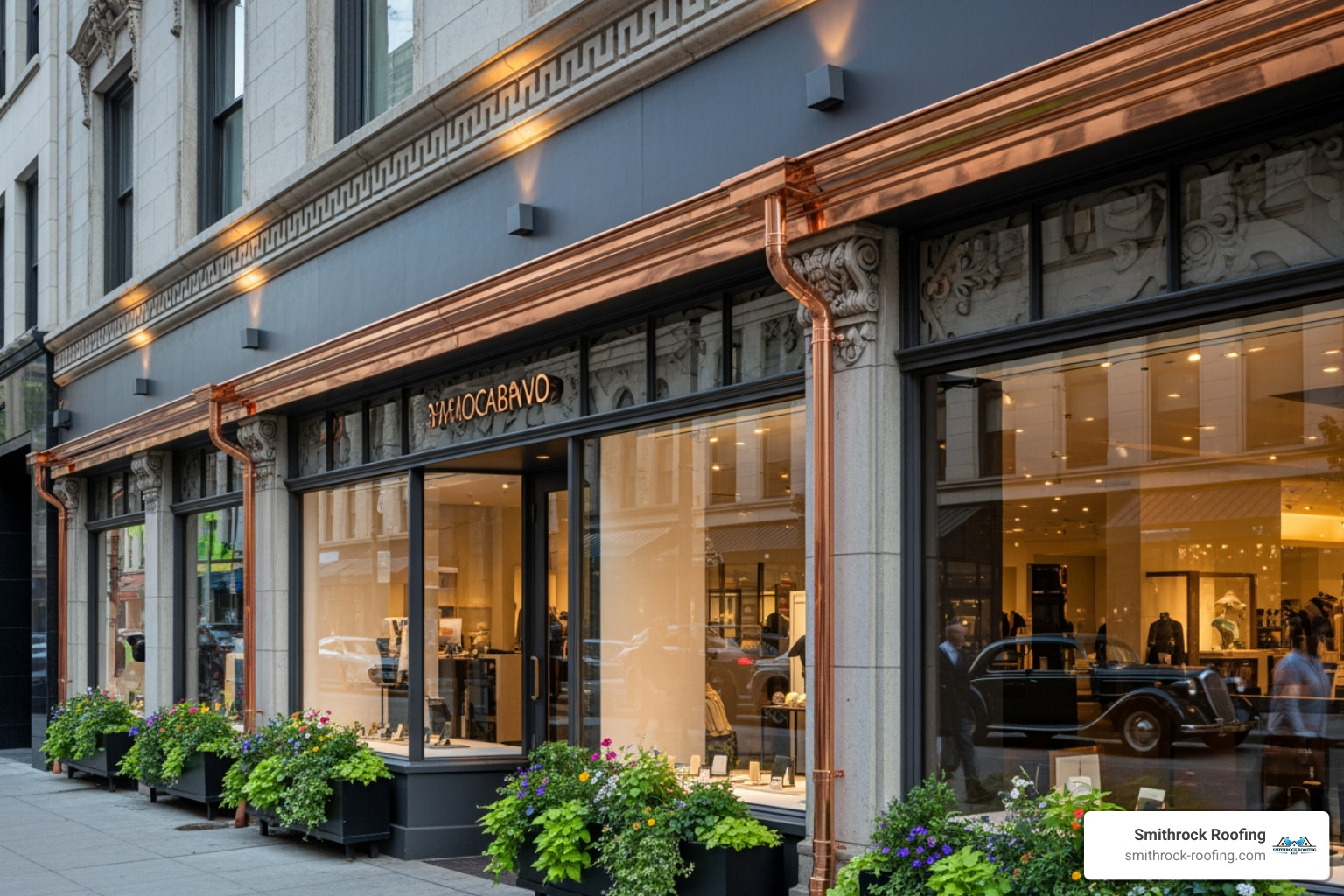 stylish copper gutters on a high-end commercial storefront - gutter installation for businesses