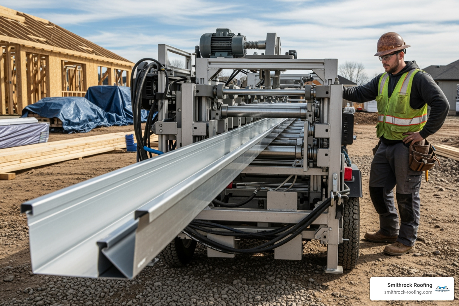 seamless gutter being extruded from a machine on-site - gutter installation for businesses