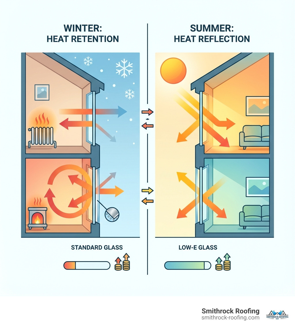 infographic showing how Low-E glass coating reflects infrared heat back into the home during winter and reflects solar heat away during summer, with arrows indicating heat direction and a comparison between standard glass and Low-E glass thermal performance - insulated low e glass infographic
