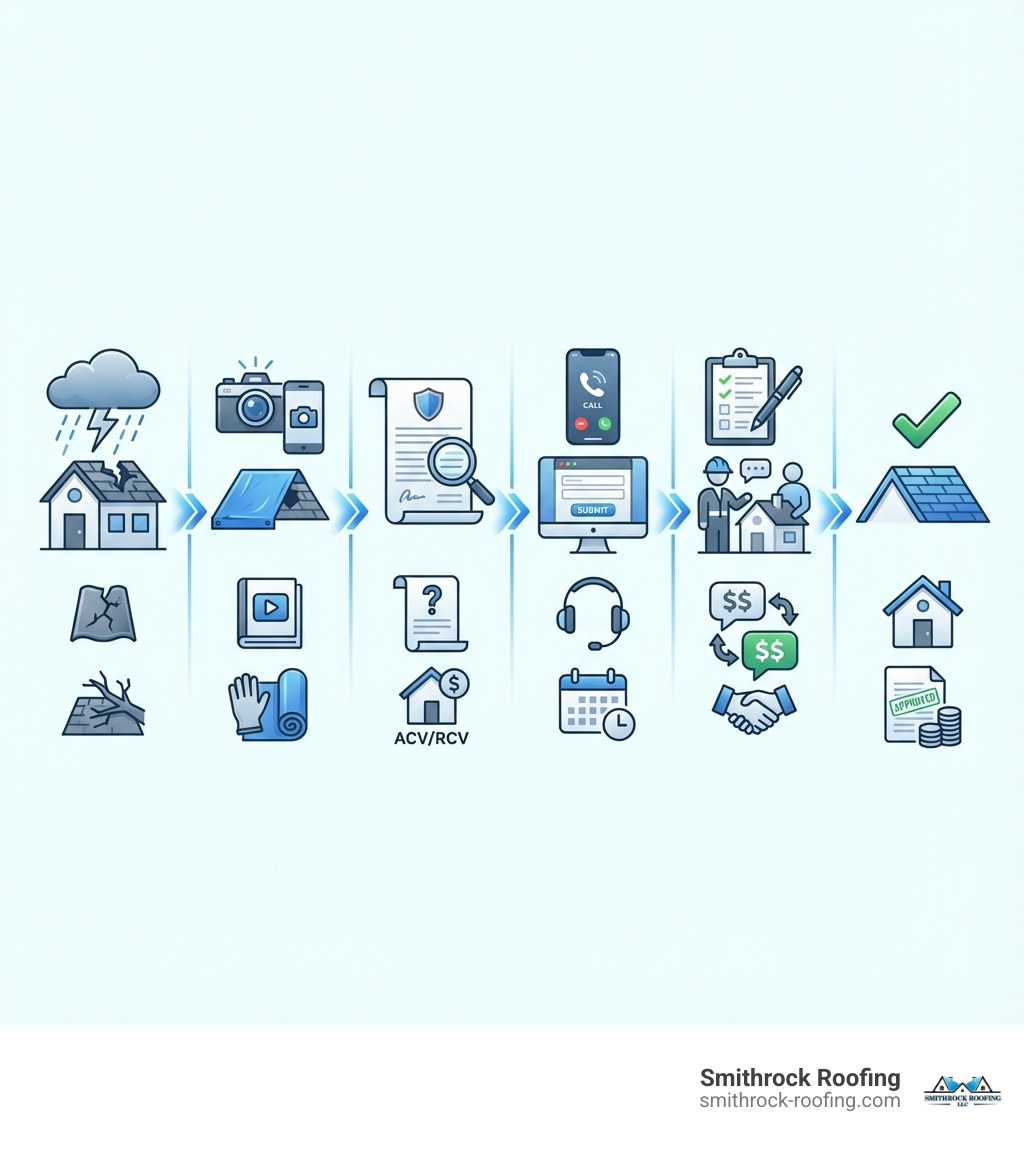 Infographic showing the 6 key stages of a roof insurance claim process: Stage 1 - Damage Occurs (storm icon with damaged roof), Stage 2 - Document and Protect Property (camera and tarp icons), Stage 3 - Review Insurance Policy (policy document with magnifying glass), Stage 4 - File Claim with Insurer (phone and computer icons), Stage 5 - Adjuster Inspection and Negotiation (clipboard with house inspection), Stage 6 - Approved Claim and Roof Replacement (new roof with checkmark). Arrows connect each stage in sequential order, with key action items listed under each stage. - roof replacement insurance claim infographic 