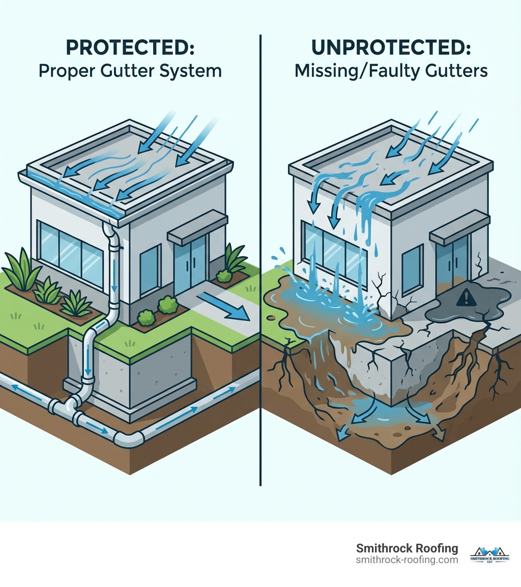 infographic showing water flowing from a commercial building's roof through properly installed gutters and downspouts into drainage systems and away from the foundation, with a contrasting side panel showing water damage, foundation erosion, and structural problems caused by missing or faulty gutters - gutter installation for businesses infographic 