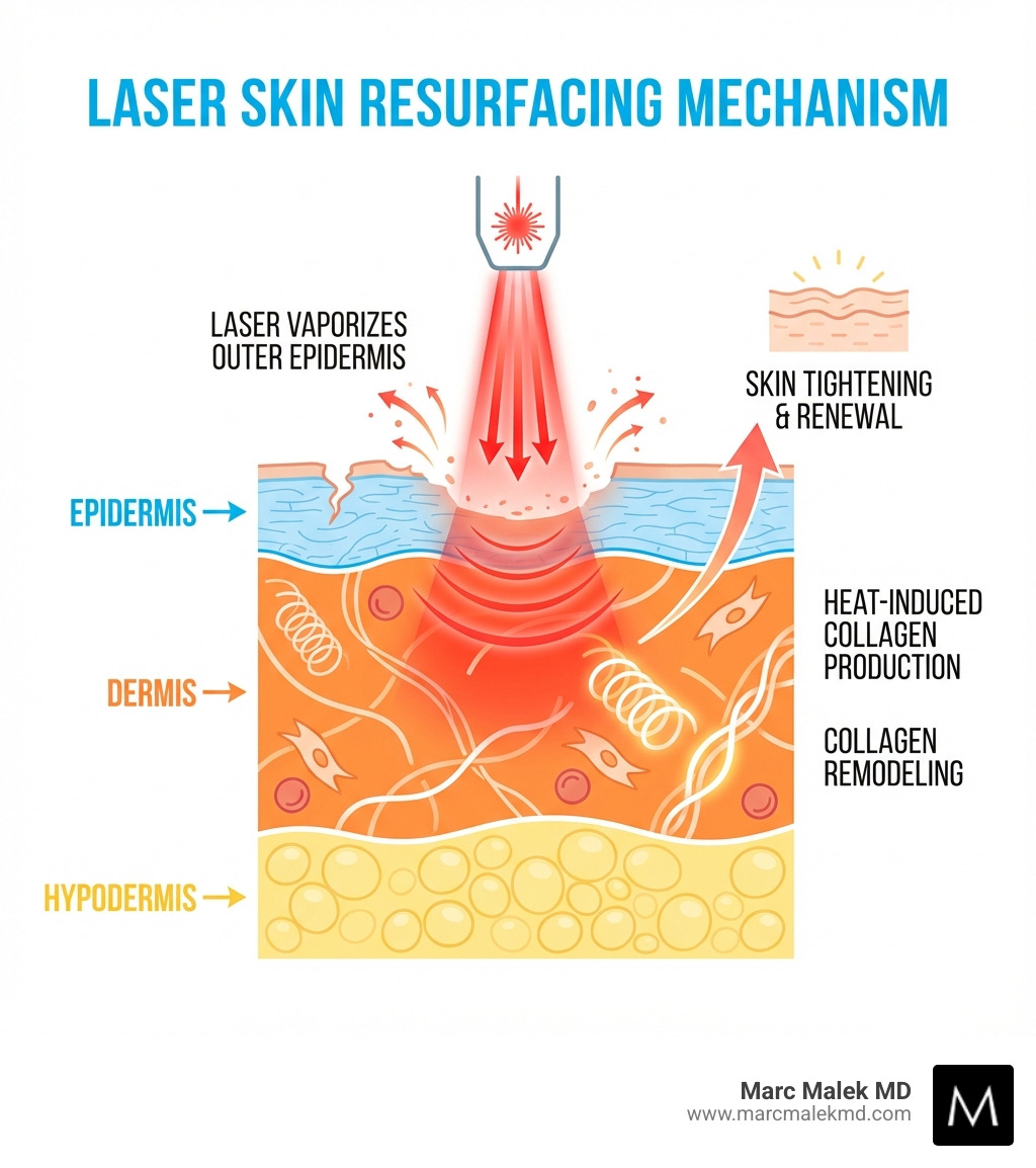 Infographic showing the three layers of skin (epidermis, dermis, and hypodermis) with arrows indicating how laser energy removes the outer epidermis and penetrates to the dermis level, triggering heat-induced collagen production and remodeling for skin tightening and renewal - Full face laser resurfacing infographic Infographic showing the three layers of skin (epidermis, dermis, and hypodermis) with arrows indicating how laser energy removes the outer epidermis and penetrates to the dermis level, triggering heat-induced collagen production and remodeling for skin tightening and renewal - Full face laser resurfacing infographic