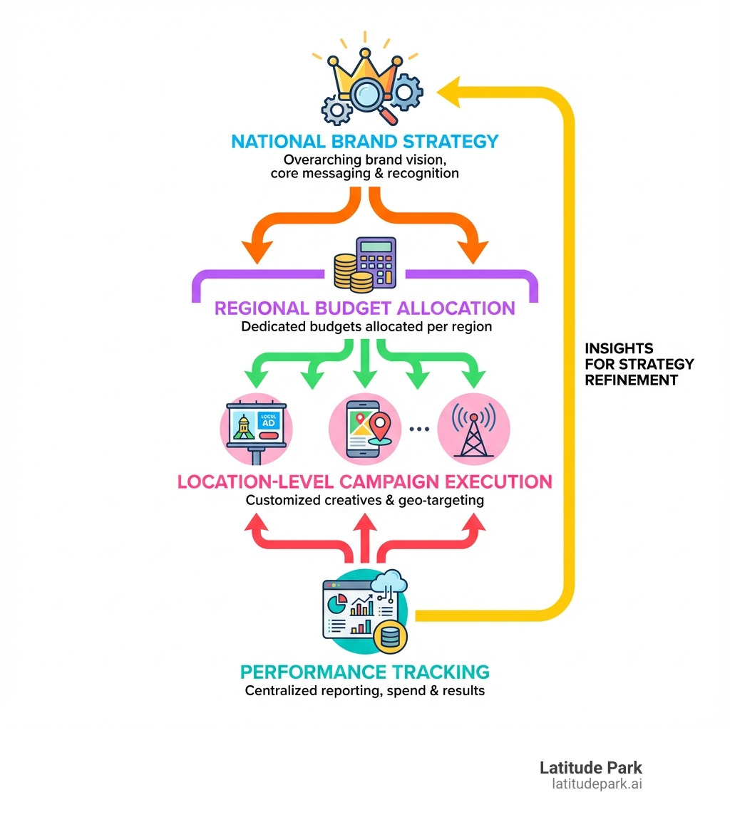 infographic showing the flow from national brand strategy through regional budget allocation to location-level campaign execution with performance tracking - Franchise local advertising infographic 