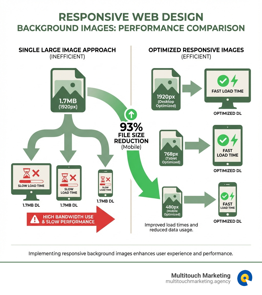 Infographic showing two side-by-by comparisons: On the left, a single 1.7MB desktop background image being downloaded by desktop, tablet, and mobile devices with slow load time indicators. On the right, three optimized images at different sizes (1920px for desktop, 768px for tablet, 480px for mobile) being served to their respective devices with fast load time indicators. Arrows indicate file size reductions of 93% for mobile devices. - responsive web design background images infographic Infographic showing two side-by-by comparisons: On the left, a single 1.7MB desktop background image being downloaded by desktop, tablet, and mobile devices with slow load time indicators. On the right, three optimized images at different sizes (1920px for desktop, 768px for tablet, 480px for mobile) being served to their respective devices with fast load time indicators. Arrows indicate file size reductions of 93% for mobile devices. - responsive web design background images infographic
