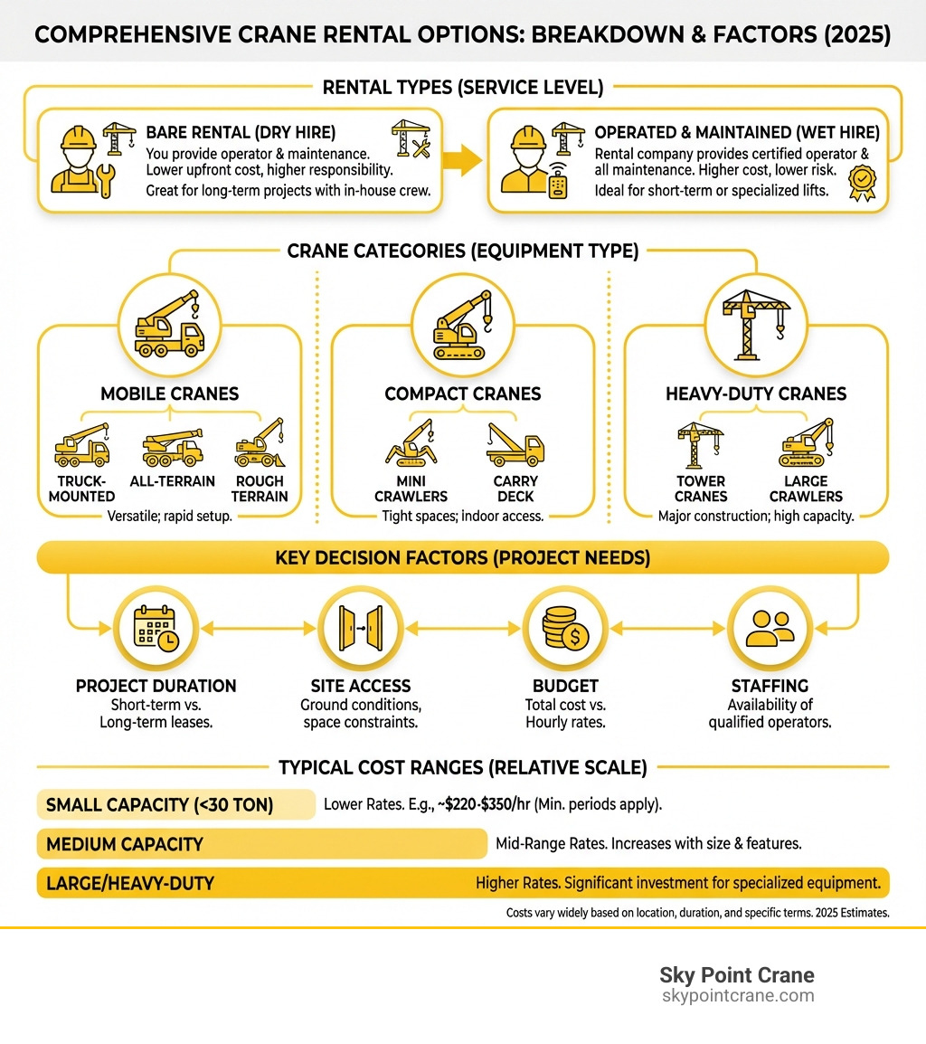 Comprehensive breakdown of crane rental options showing rental types (bare vs operated), crane categories (mobile, compact, heavy-duty), key decision factors (project duration, site access, budget, staffing), and typical cost ranges for different crane sizes - Crane rental options infographic 