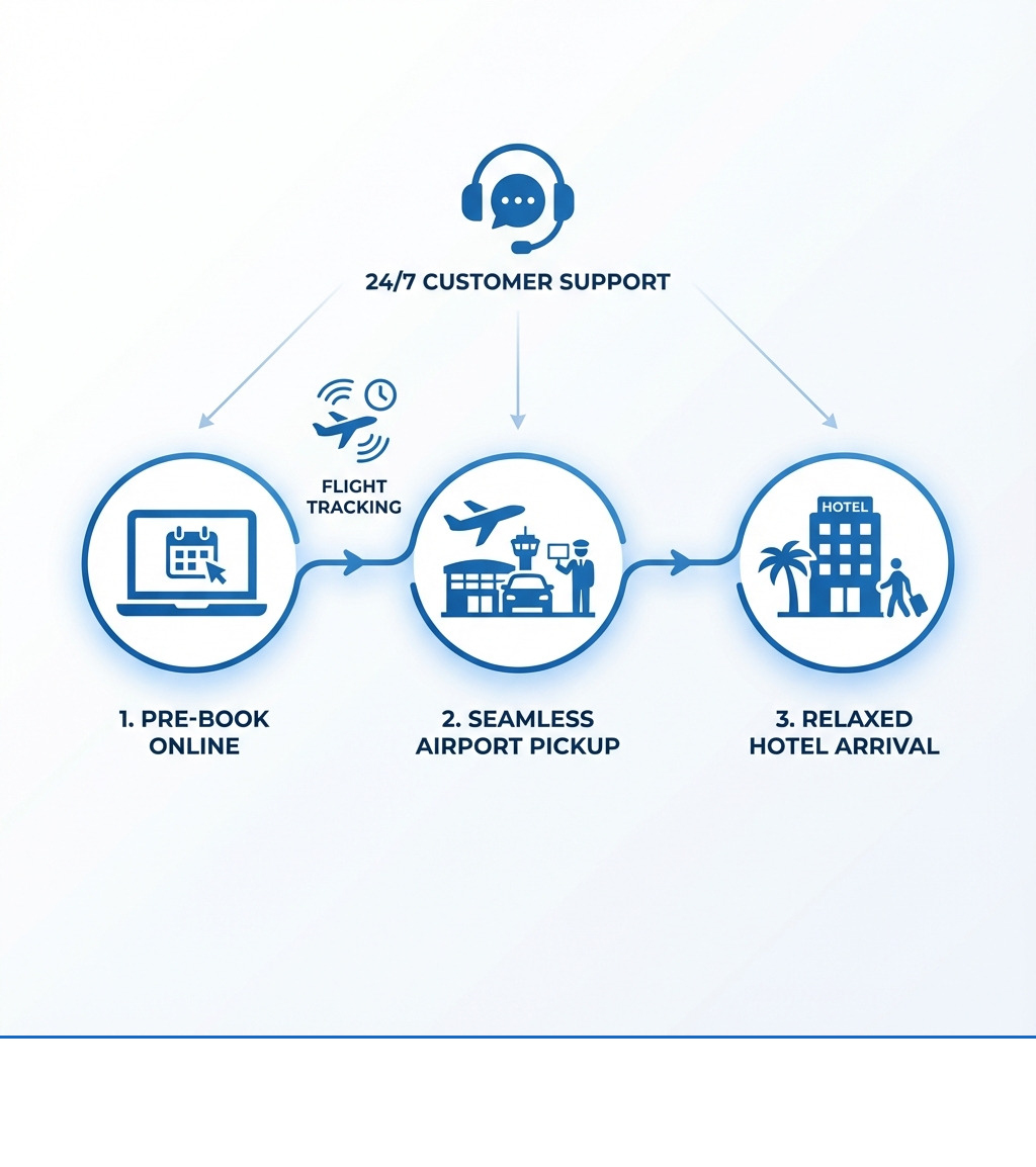 infographic showing booking process from online reservation to airport pickup to hotel arrival with icons for flight tracking and customer support - Reliable airport transfers infographic infographic showing booking process from online reservation to airport pickup to hotel arrival with icons for flight tracking and customer support - Reliable airport transfers infographic