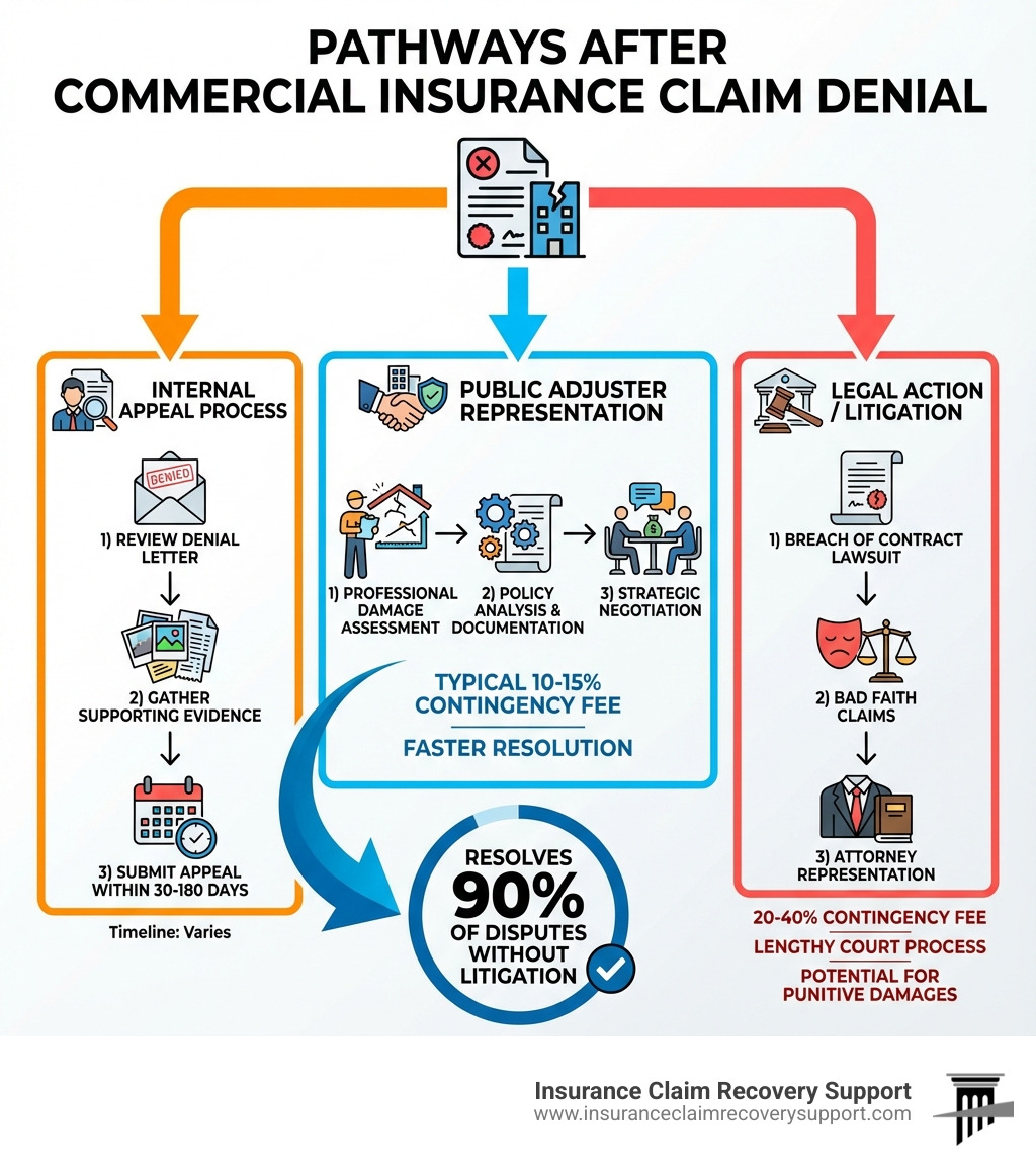 Infographic showing three pathways after a commercial insurance claim denial: 1) Internal Appeal Process (review denial letter, gather supporting evidence, submit appeal within 30-180 days), 2) Public Adjuster Representation (professional damage assessment, policy analysis, strategic negotiation, typical 10-15% contingency fee, faster resolution), and 3) Legal Action/Litigation (breach of contract lawsuit, bad faith claims, attorney representation at 20-40% contingency, lengthy court process, potential for punitive damages). Arrow indicating Public Adjuster path resolves 90% of disputes without litigation. - denied commercial insurance claim lawyer infographic 