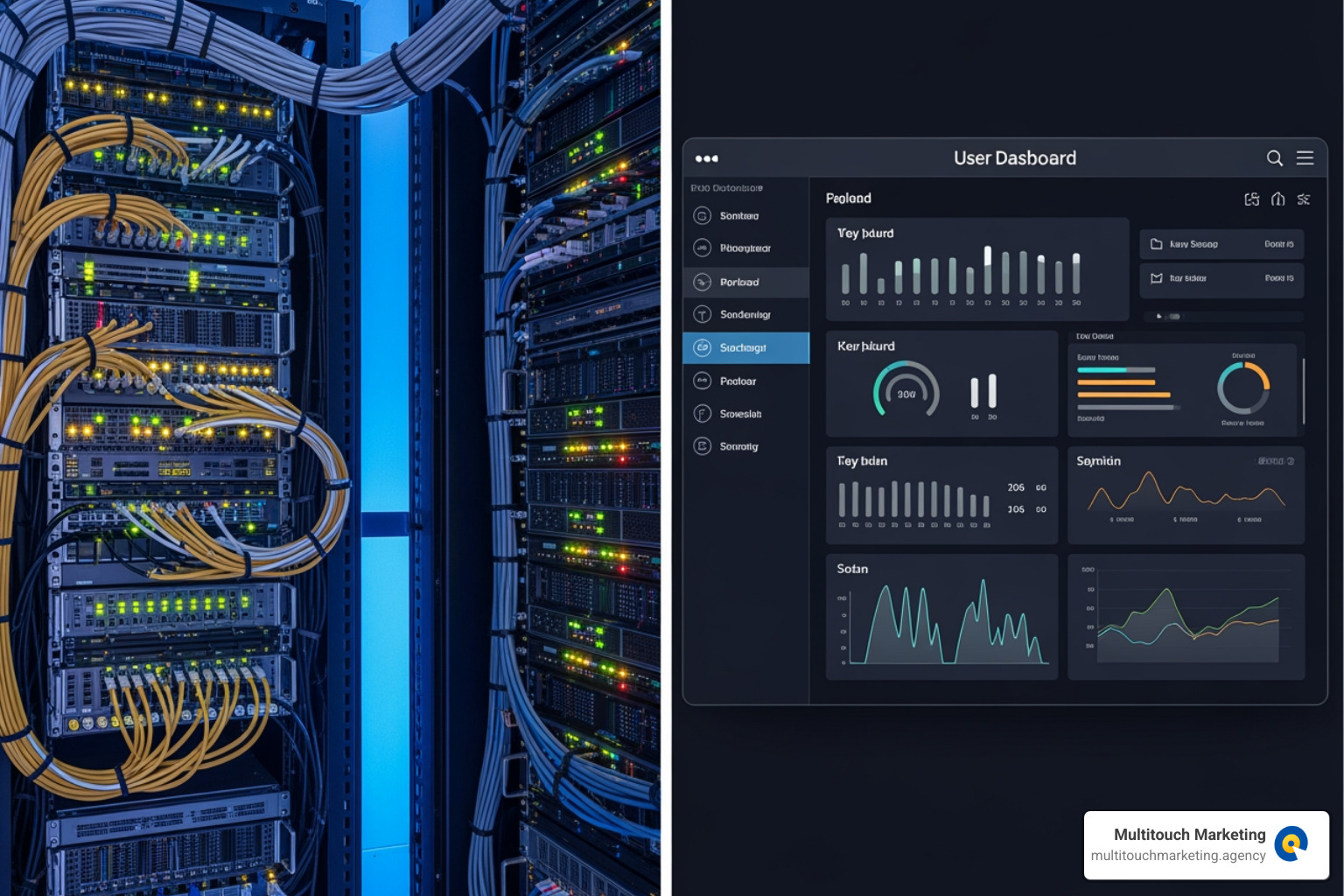 Complex server room vs. clean user dashboard - DNS management service Complex server room vs. clean user dashboard - DNS management service