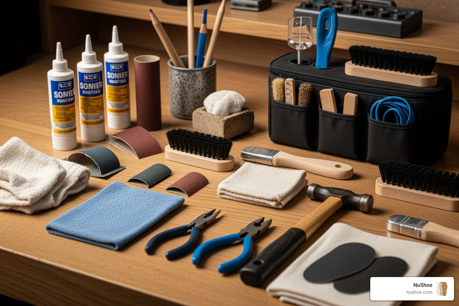 a well-stocked DIY shoe repair kit on a workbench - quick shoe repair
