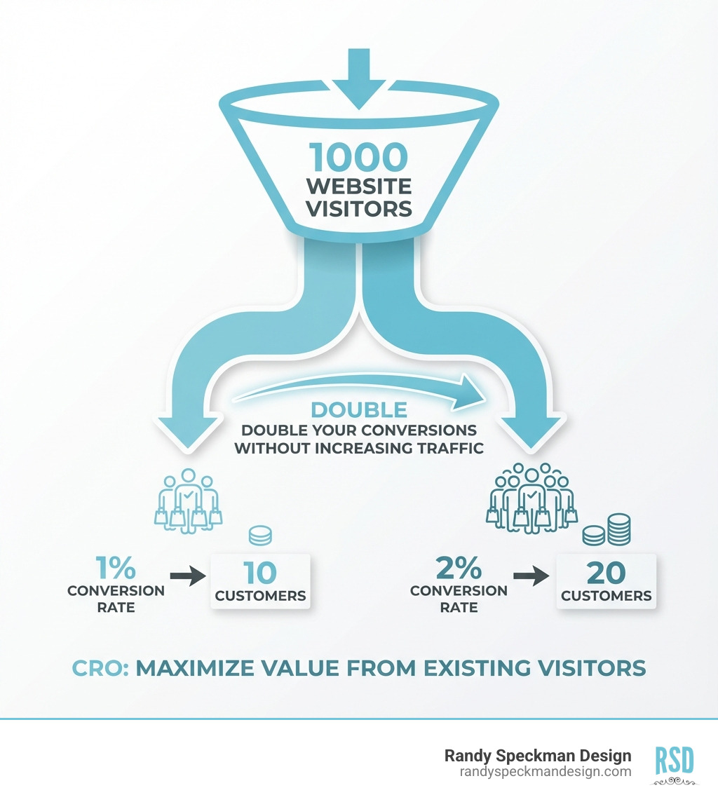 Infographic showing the CRO concept: A funnel with 1000 website visitors at the top, splitting into two paths - one showing 1% conversion rate equals 10 customers, and another showing 2% conversion rate equals 20 customers from the same 1000 visitors, with an arrow indicating doubling conversions without increasing traffic - what is conversion optimization for websites infographic 