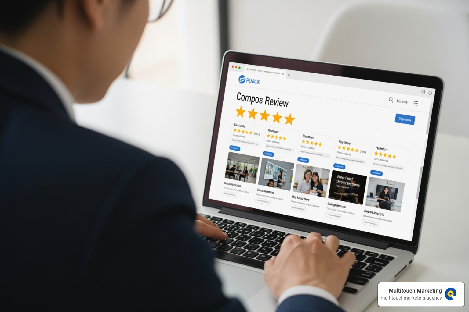 person researching companies on a laptop, showing a review site - companies that manage websites person researching companies on a laptop, showing a review site - companies that manage websites