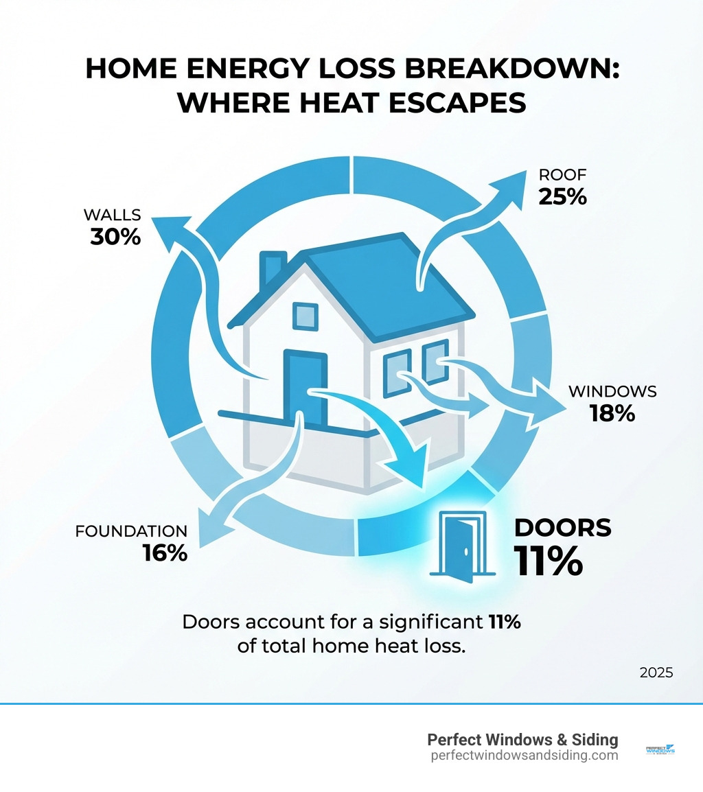 infographic showing home energy loss breakdown with percentages for doors, windows, walls, roof, and foundation, highlighting that doors account for 11% of total heat loss - energy efficient door installation infographic 