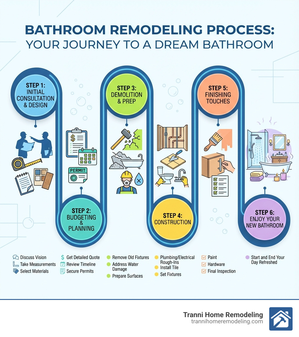 Infographic showing the bathroom remodeling process: Step 1 - Initial Consultation & Design (discuss vision, take measurements, select materials), Step 2 - Budgeting & Planning (get detailed quote, review timeline, secure permits), Step 3 - Demolition & Prep (remove old fixtures, address water damage, prepare surfaces), Step 4 - Construction (plumbing/electrical rough-ins, install tile, set fixtures), Step 5 - Finishing Touches (paint, hardware, final inspection), Step 6 - Enjoy Your New Bathroom - Bathroom Remodeling Burlington MA infographic 