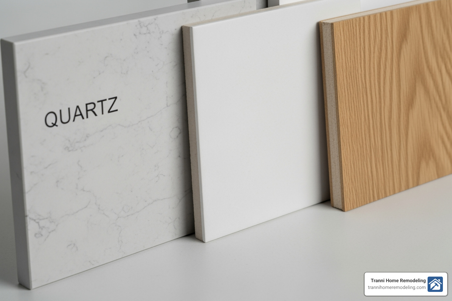 Different bathroom material samples like quartz countertops, porcelain tile, and wood vanities - Bathroom Remodeling Burlington MA