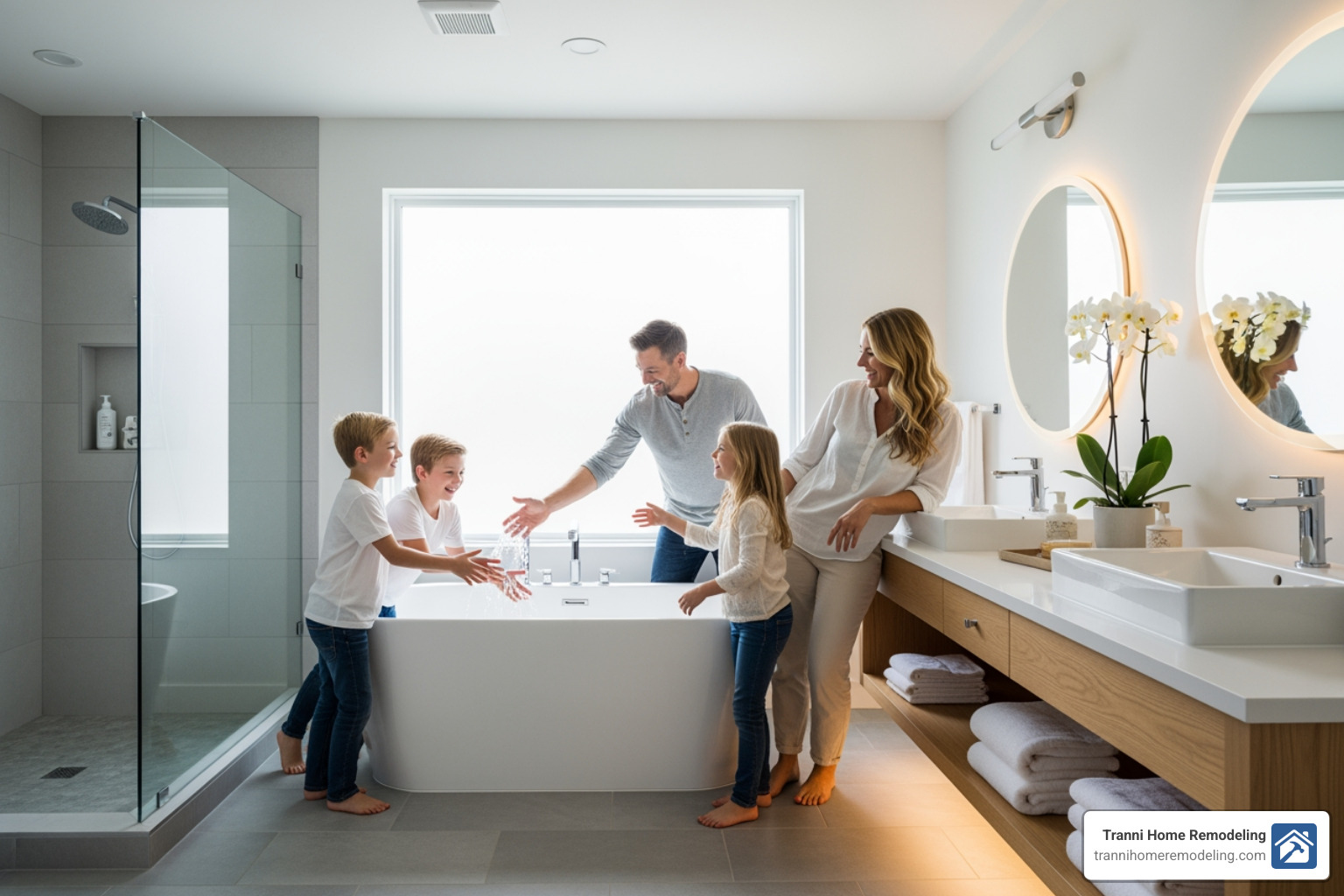 Family enjoying a newly remodeled, spacious bathroom - Bathroom Remodeling Burlington MA