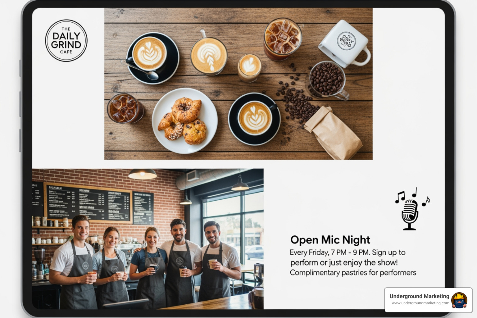 Collage showing examples of effective Google Posts and high-quality business photos for a local business, including a product showcase, a team photo, and an event announcement - How to optimize GBP