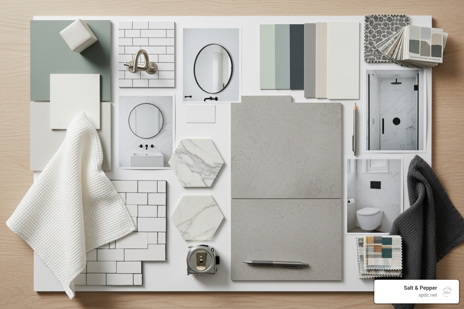 Design mood board with tile samples, paint swatches, and fixture photos - bathroom remodeling Palm Harbor