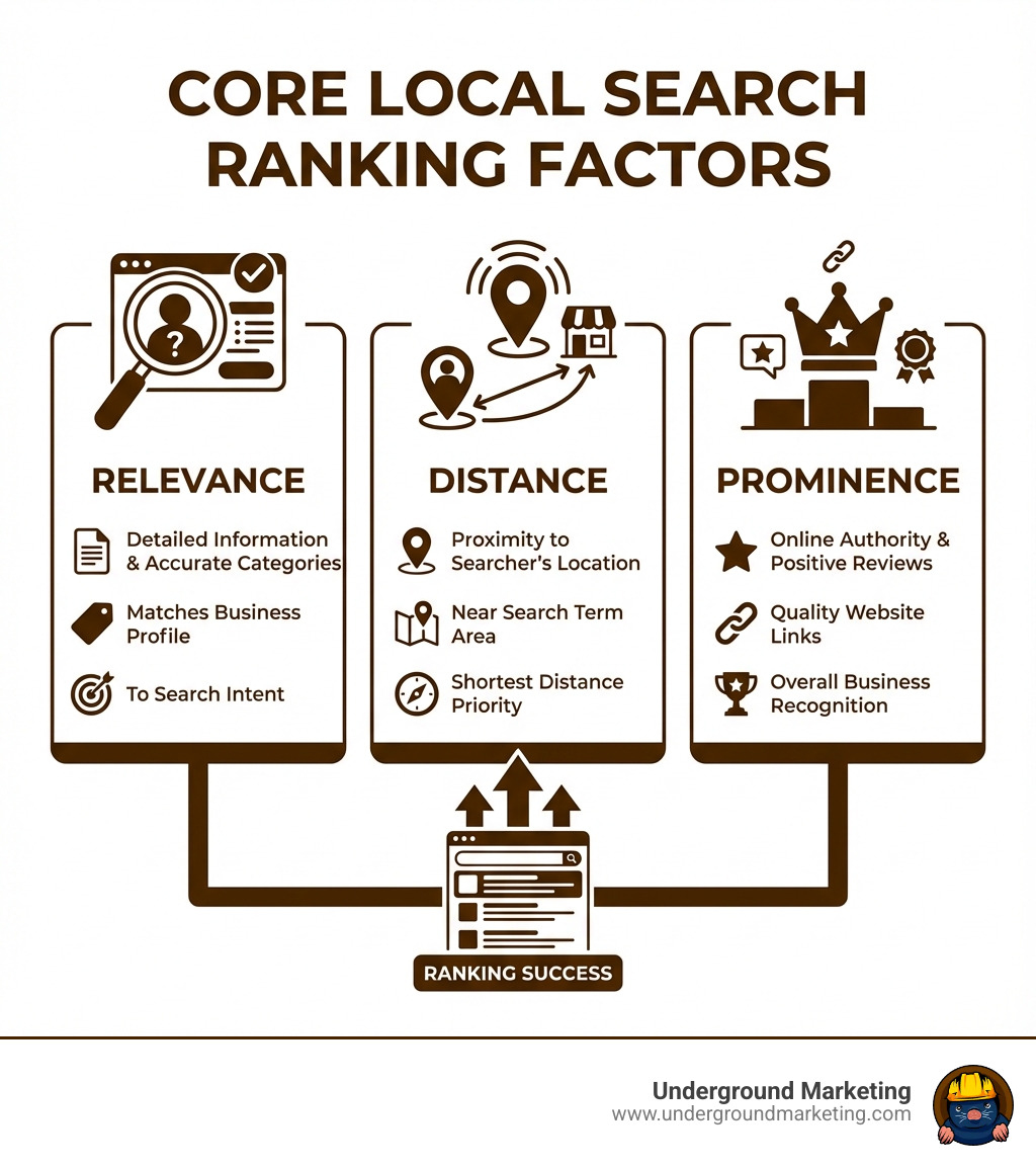 Infographic showing the three core local search ranking factors: Relevance (matching your business profile to search intent with detailed information and accurate categories), Distance (proximity to the searcher's location or search term), and Prominence (online authority measured through reviews, website links, and overall business recognition) - How to optimize GBP infographic 
