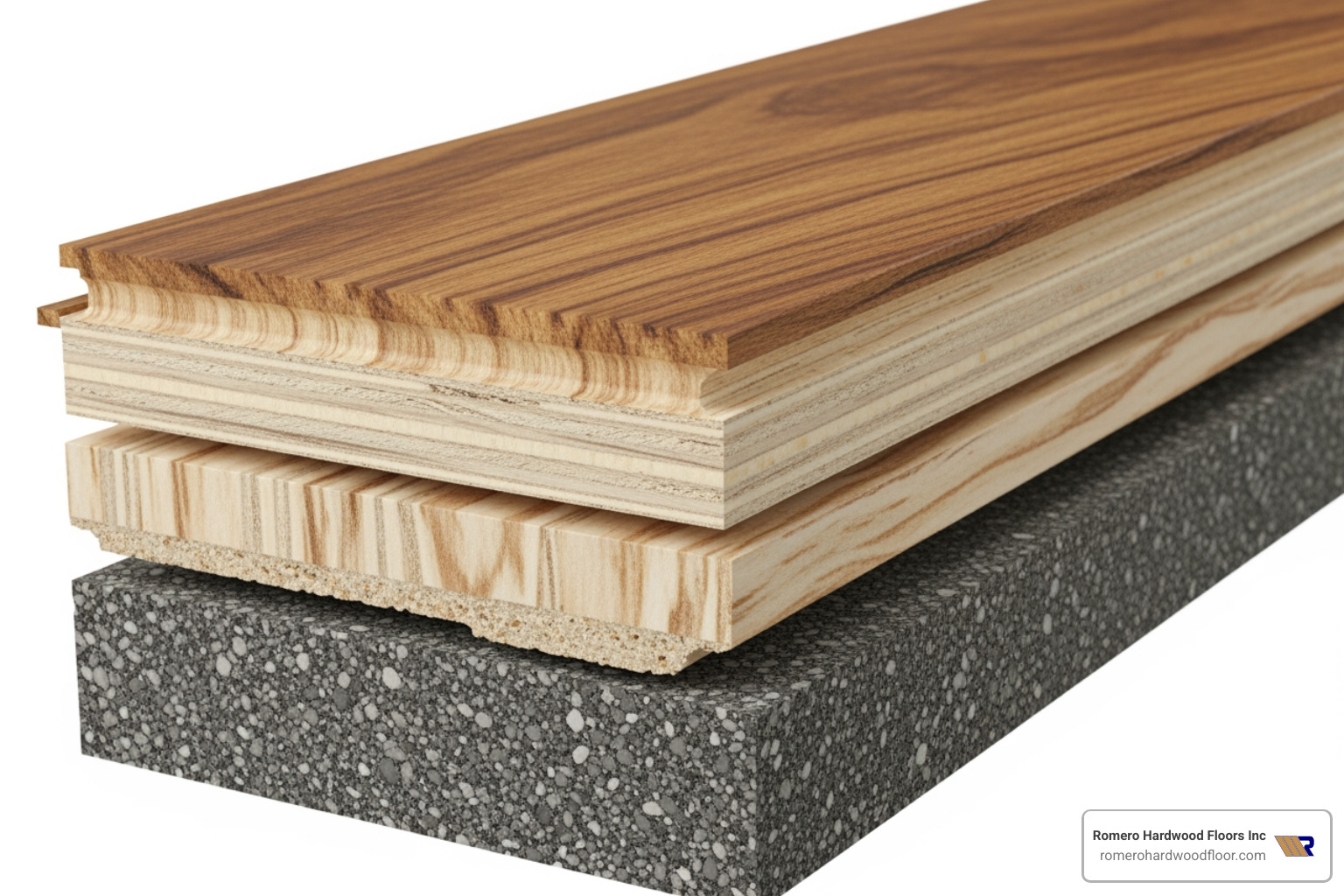 Cross-section of an engineered hardwood plank showing its multiple layers - hardwood floors installer
