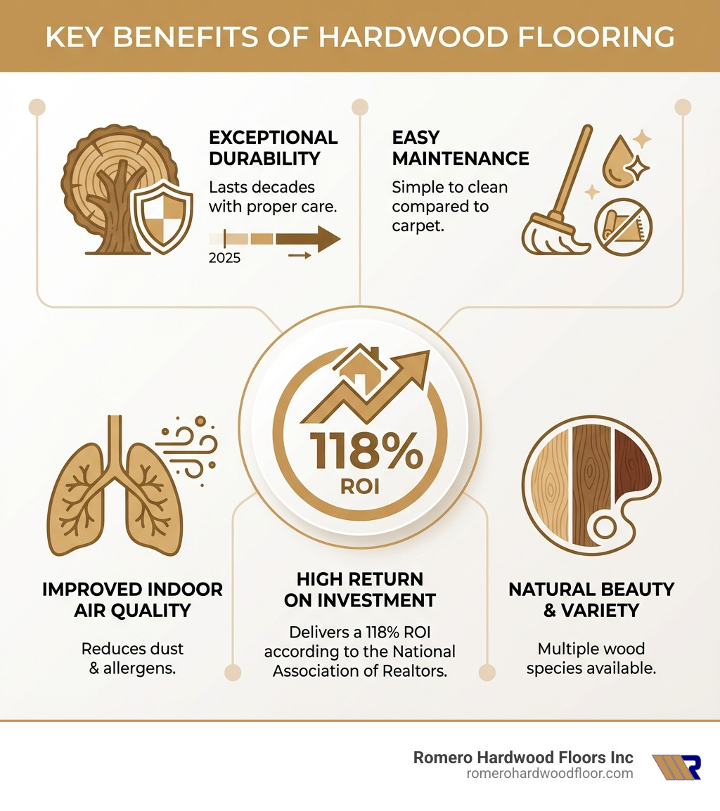 Infographic showing the key benefits of hardwood flooring: exceptional durability lasting decades with proper care, easy to clean and maintain compared to carpet, reduces dust and allergens for better indoor air quality, natural beauty and variety with multiple wood species available, and delivers a 118% return on investment according to the National Association of Realtors - hardwood floors installer infographic 