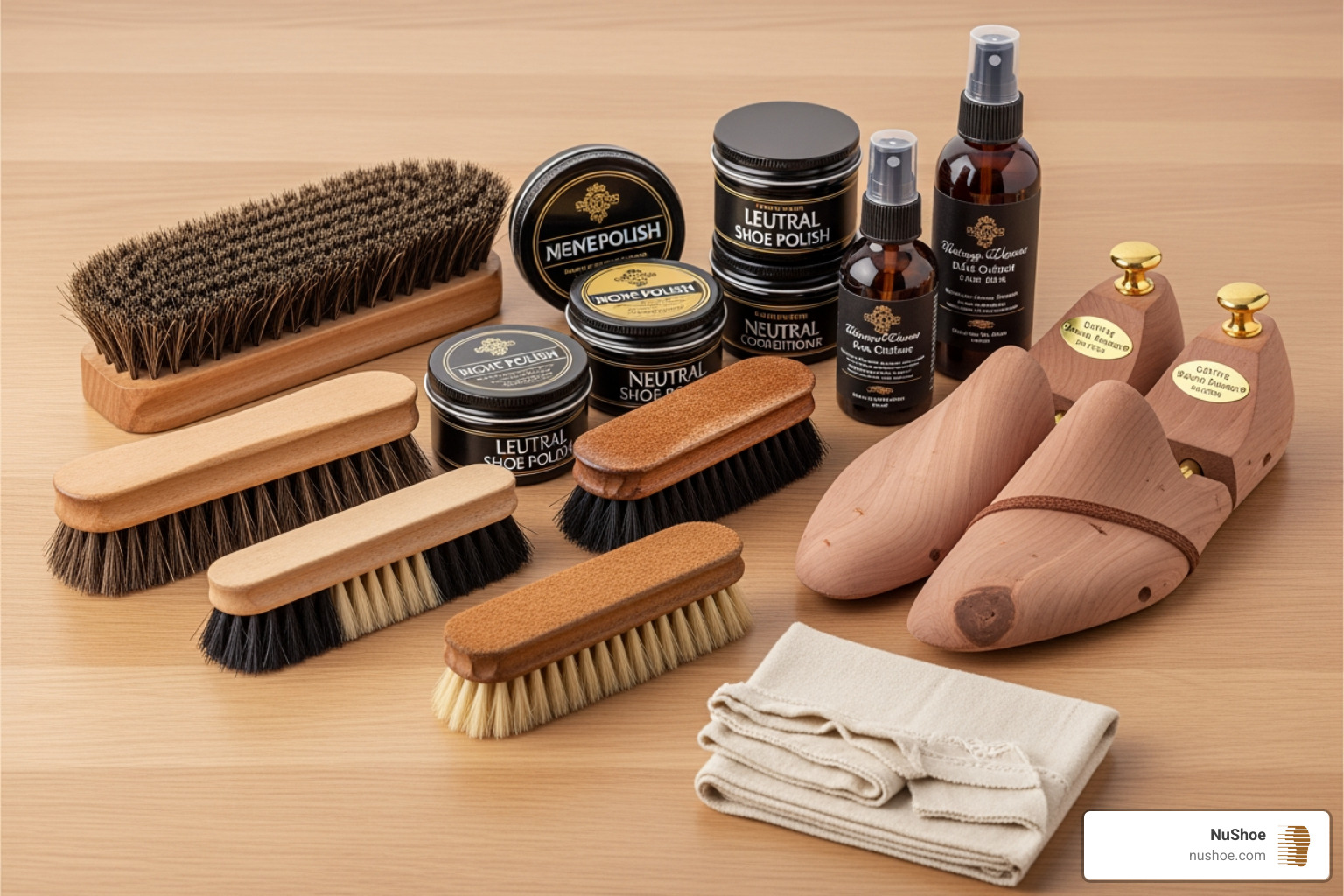 A complete leather shoe care kit laid out - best care for leather shoes