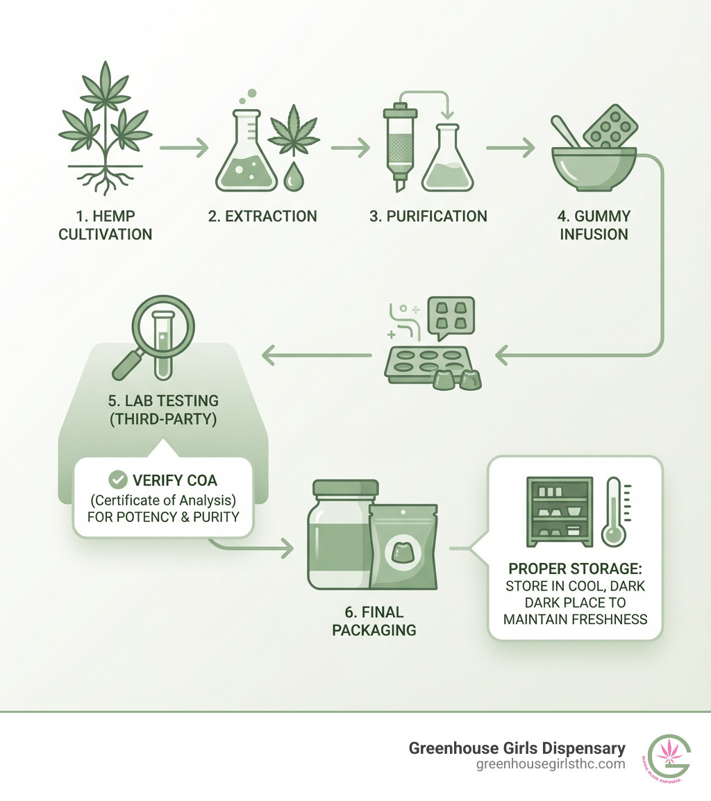 Infographic showing the journey from hemp plant cultivation to extraction, purification, gummy infusion, lab testing, and final packaging of THCa gummies, with callouts for key quality checkpoints like third-party testing and proper storage - buy THCa gummies infographic 