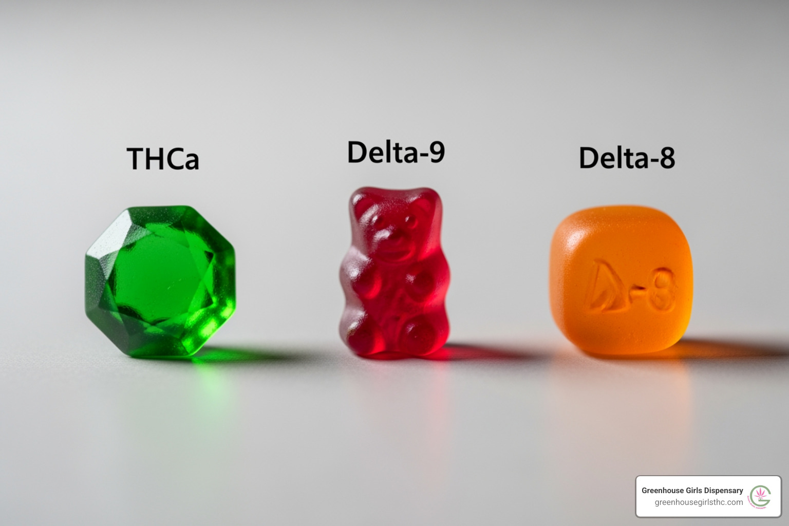 table comparing THCa Gummies, Delta-9 Gummies, and Delta-8 Gummies on legality, psychoactivity, and common use - buy THCa gummies