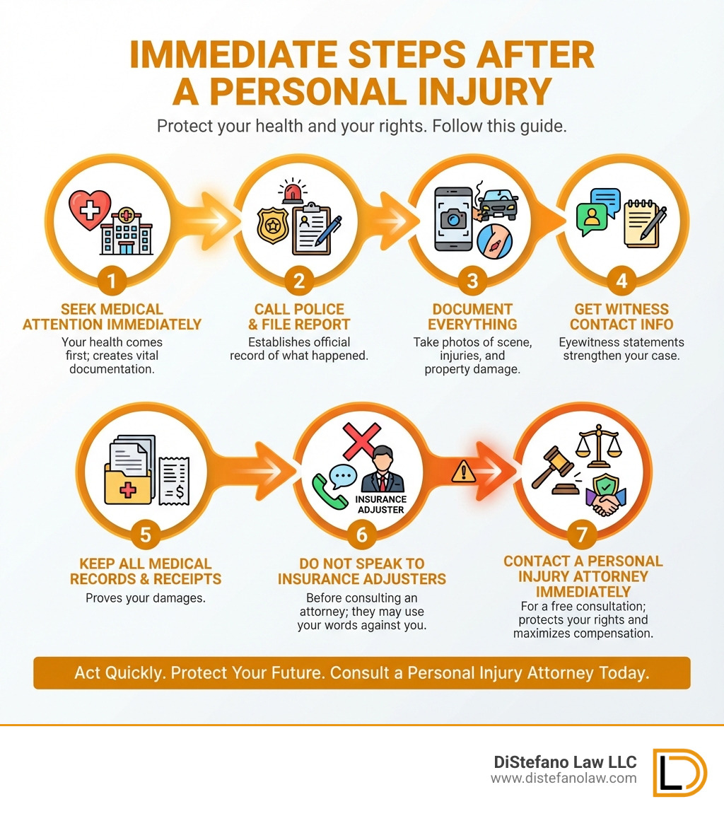 Infographic showing immediate steps after a personal injury: 1) Seek medical attention immediately - your health comes first and creates vital documentation. 2) Call police and file an accident report - establishes official record of what happened. 3) Document everything - take photos of the scene, injuries, and property damage. 4) Get witness contact information - eyewitness statements strengthen your case. 5) Keep all medical records and receipts - proves your damages. 6) Do NOT speak to insurance adjusters before consulting an attorney - they may use your words against you. 7) Contact a personal injury attorney immediately for a free consultation - protects your rights and maximizes compensation. - Personal Injury Attorney Fort Lauderdale infographic 