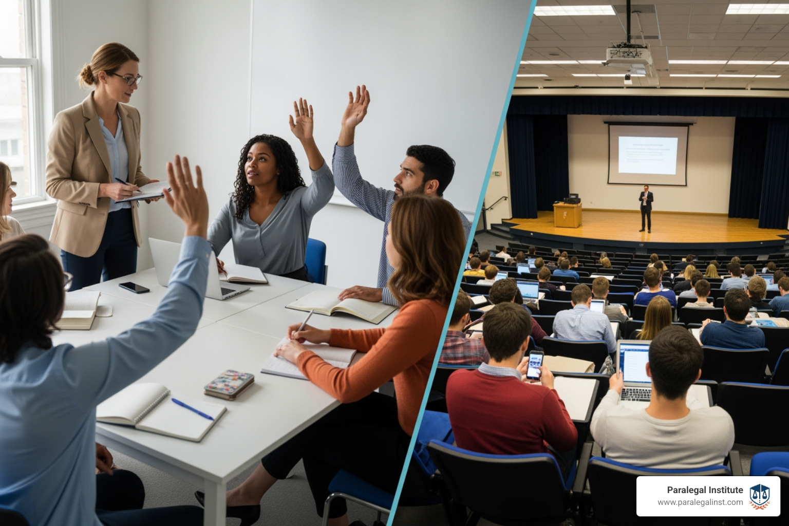 Split-screen image showing a focused paralegal certificate class with live instruction versus a large university lecture hall, illustrating the difference in learning environment and focus - certificate programs paralegal